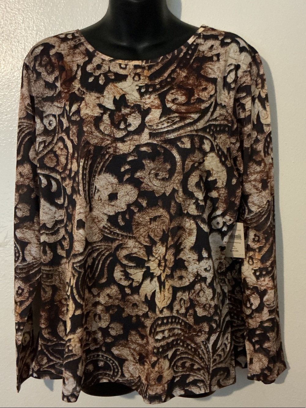 Coldwater Creek Brown and Cream Floral Paisley Long Sleeve Top